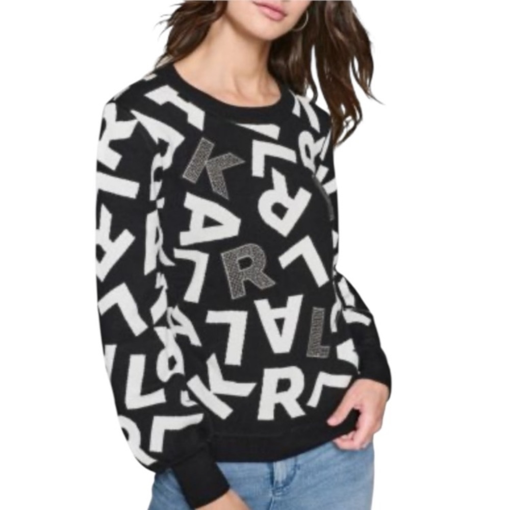 NEW Karl Lagerfeld Paris Scrambled Logo Black embellished Crew Neck Sweater M